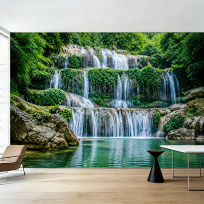 Peel and Stick Wallpaper Waterfall Nature Picture Landscape Green Forest covered Rocks Wall Murals 100"H x 144"W Removable PVC Wall Paper Self-Adhesive Wall Decor for Bedroom Living Room Home Office