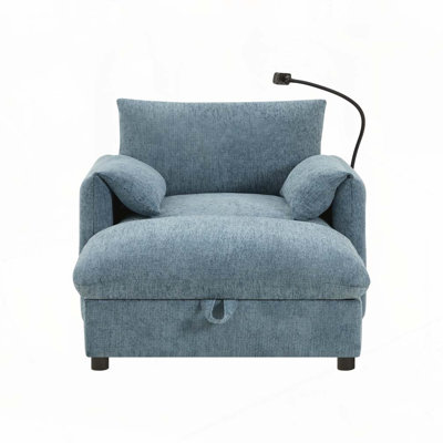Fauteuil d'appoint en tissu chenille avec repose-pieds de rangement, support de téléphone réglable, chargeur USB, poches de rangement latérales