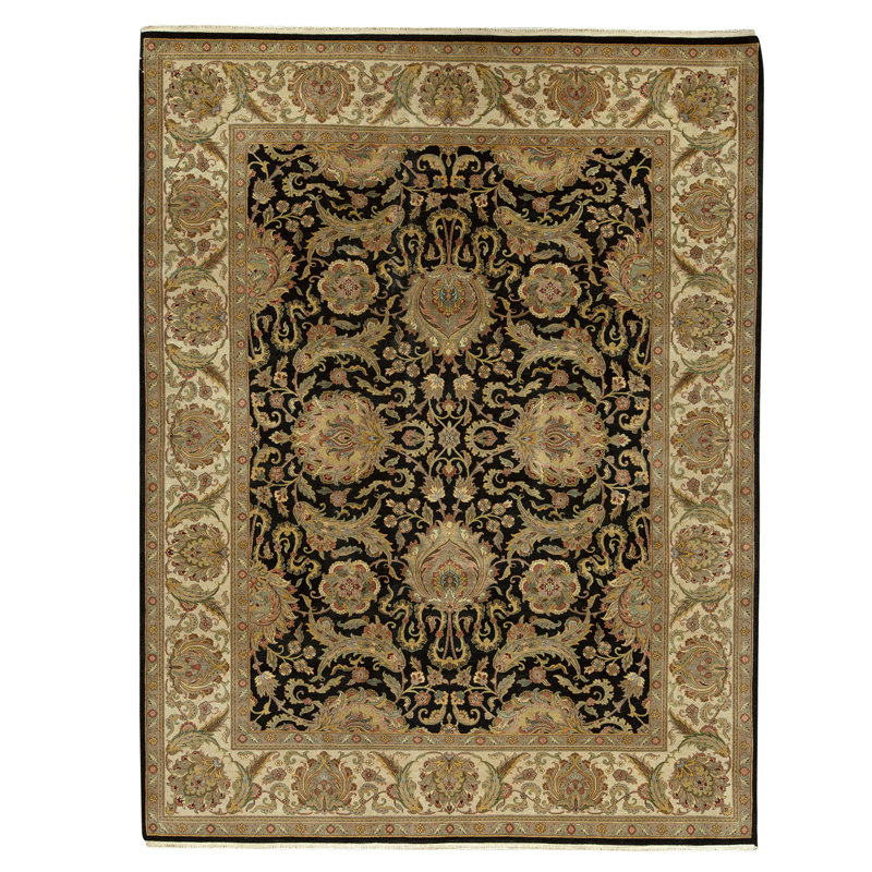 Tapis noir et ivoire de haute qualité noué à la main