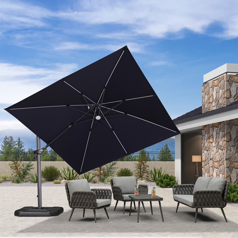 10' Square Lighted Cantilever Swivel Umbrella with Solar Powered LED Swivel and Base, Navy Blue