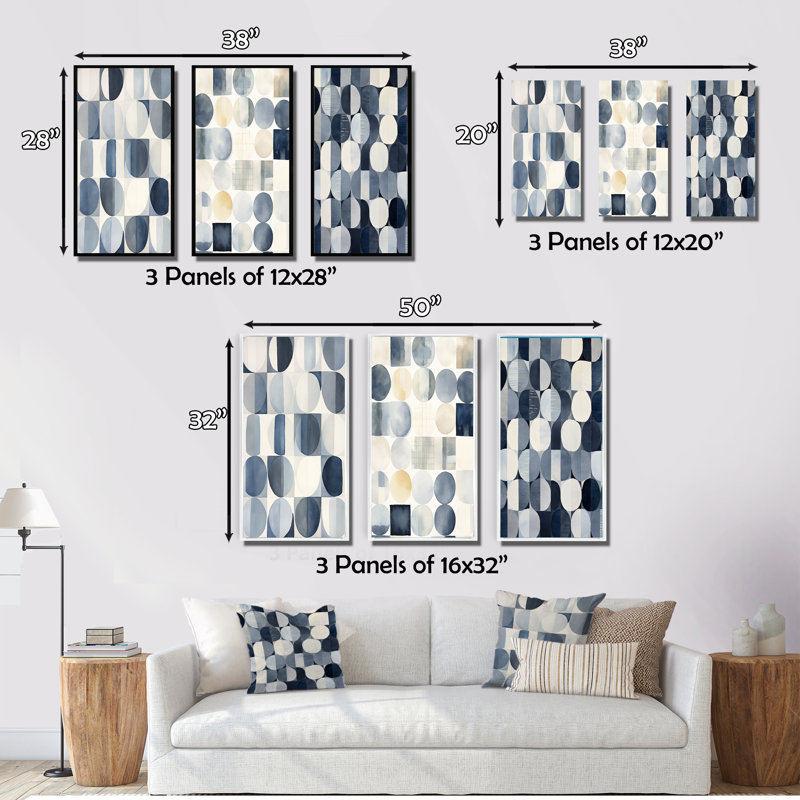 "Aquarelle matricielle circulaire en bleu délavé III" - 3 pièces sur toile, Cadre naturel flottant, H 32 po x l 48 po