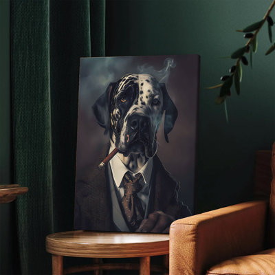 1PC Wall Arts Posters Framed,  Elegant Great Dane in Formal Attire Smoking Cigar Canvas Wall Art Modern Animal Portrait Painting for Living Room Office Decor Unique Gift Idea Premium Quality Print with Vintage Style Design