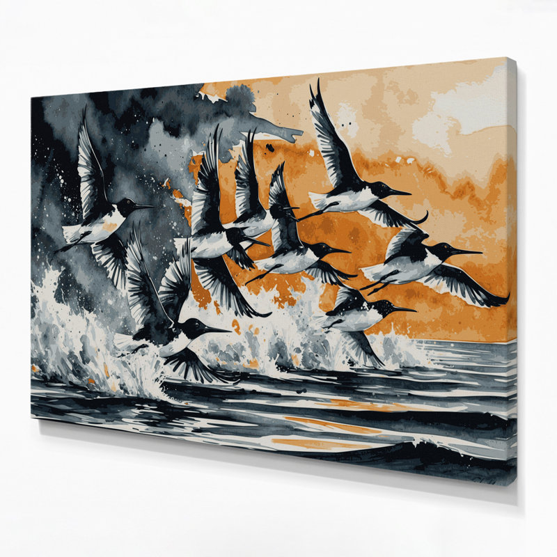 Oiseaux, écumoire noire, toile beige, H 11 po x l 14 po