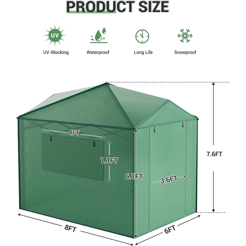Large Walk in Greenhouse, Outdoor Pop-Up Green House for Garden with Ventilated Mesh Windows and Roll-Up Zippered Doors, Reinforced Metal Frame Plant Gardening Greenhouse Canopy Tent, Green