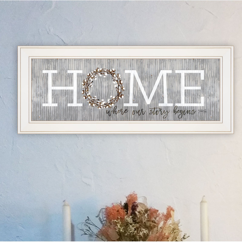«Home-Where Our Story Begins» par Marla Rae - Reproduction d'art textuel sur papier encadré, Cadre blanc