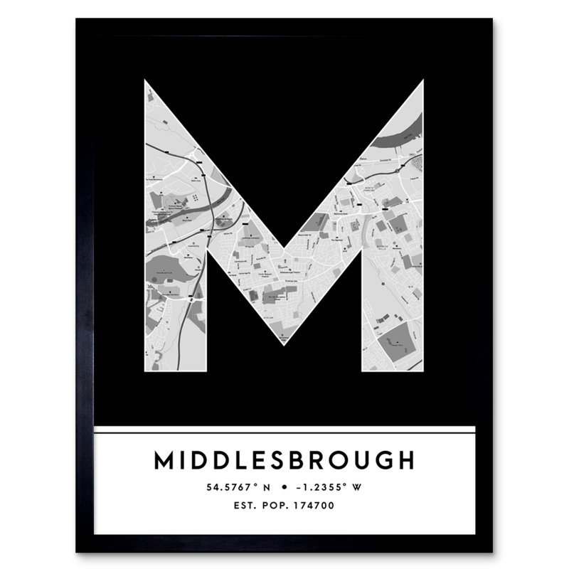 Middlesbrough City Map Middlesbrough Black & White by Wee Blue Coo - Single Picture Frame Typography