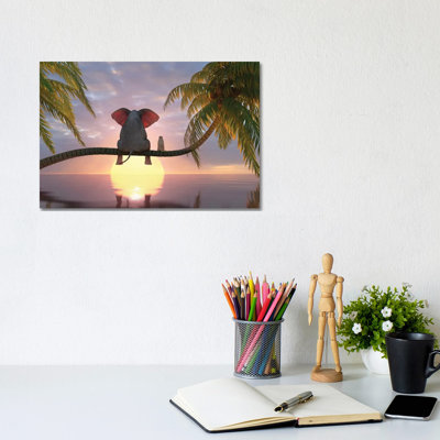 Elephant And Dog Sit On A Palm Tree On The Beach by Mike Kiev - Print on Canvas