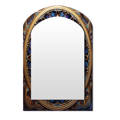 Rétro floral doré mandala magique II - miroir unique de forme irrégulière mandala boho, grand miroir mural asymétrique bleu, impression d'art en métal