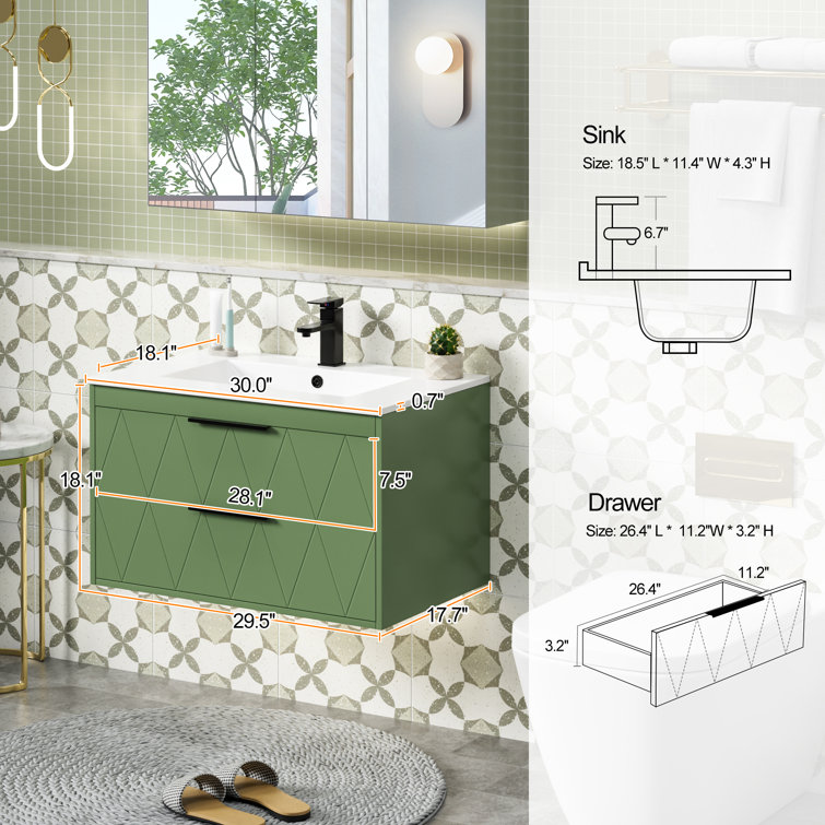 Arv 30" Wall Mount Single Bathroom Vanity Set with Ceramic Sink Top, Water Saving Faucet