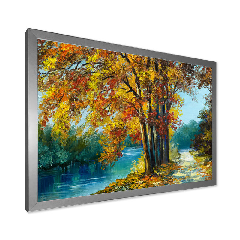 «Trees in Warm Autumn Colors» par Bright Blue River - peinture sur toile, H 16 po x l 32 po x p 1 po, Cadre photo argenté