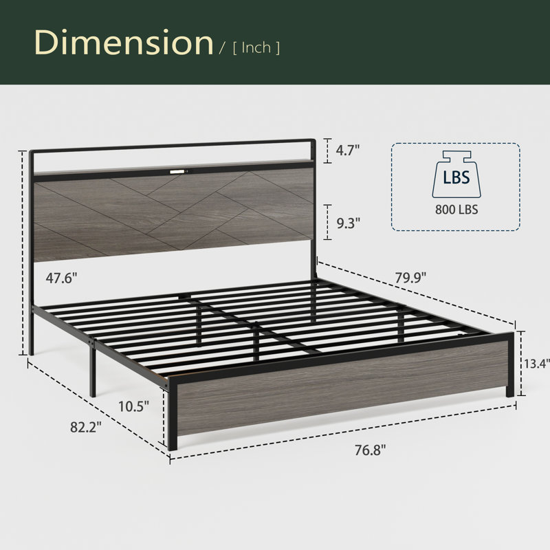 Structure de lit plateforme en bois avec tête de lit à DEL avec rangement et 2 ports USB, aucun bruit, aucun matelas à ressorts requis et outils d'assemblage simples, grand rangement sous le lit
