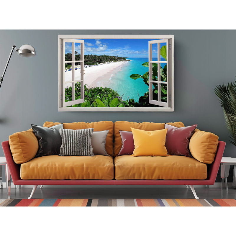 Exotic Beach Day View Open Window, 40" H x 60" W
