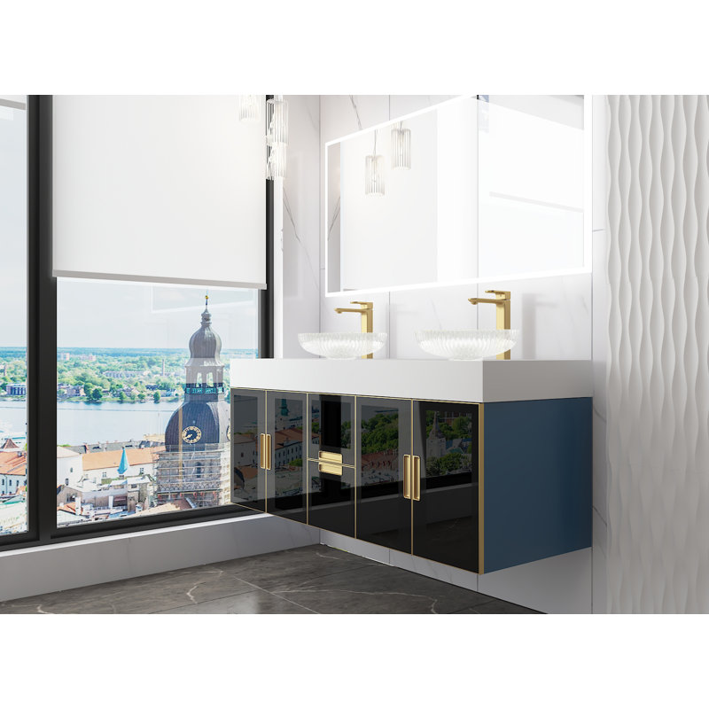 Modern Luxury Wall-mounted Vanity With 60" Solid Surface Top And Oval Glass Vessel Sink, Clear/Gold