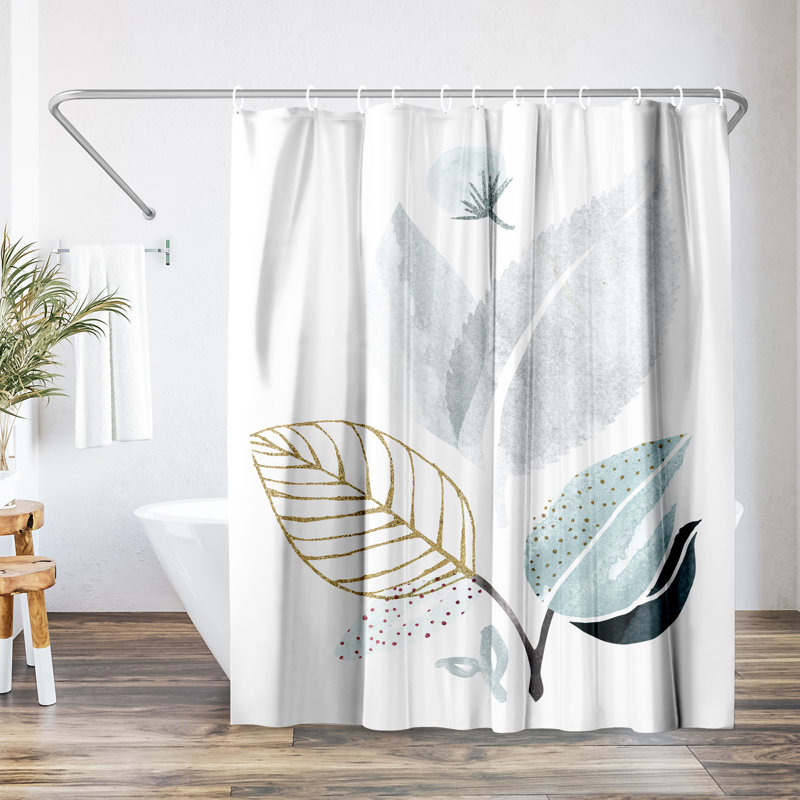 White and Gold Botanical Polyester Shower Curtain, 71" x 74"