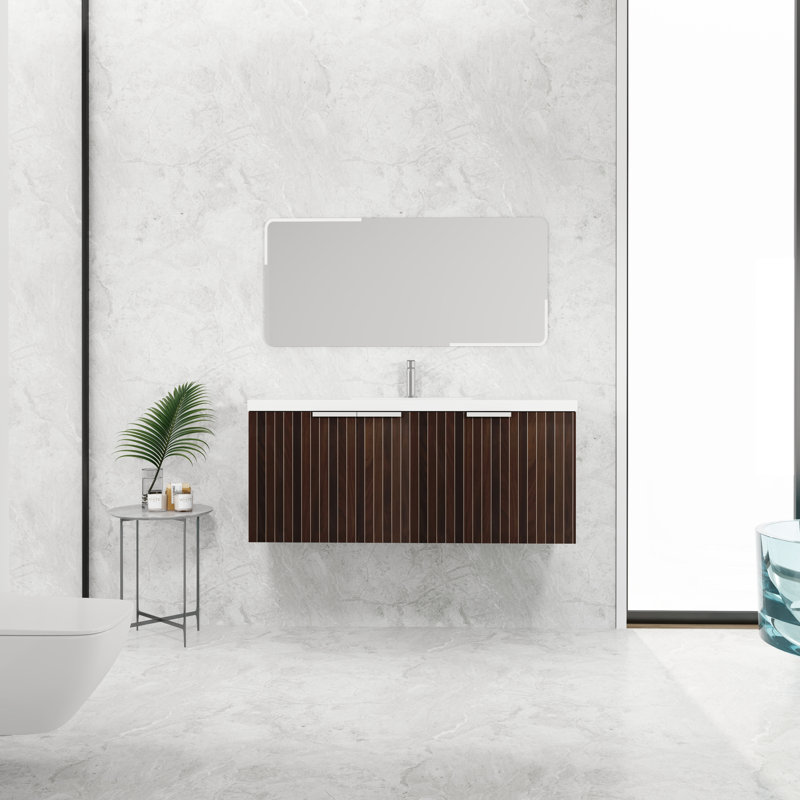 Armoire de salle de bain avec lavabo en résine, 48 po, mécanisme de fermeture en douceur, style moderne, lavabo à encastrer rayé contemporain, ornement