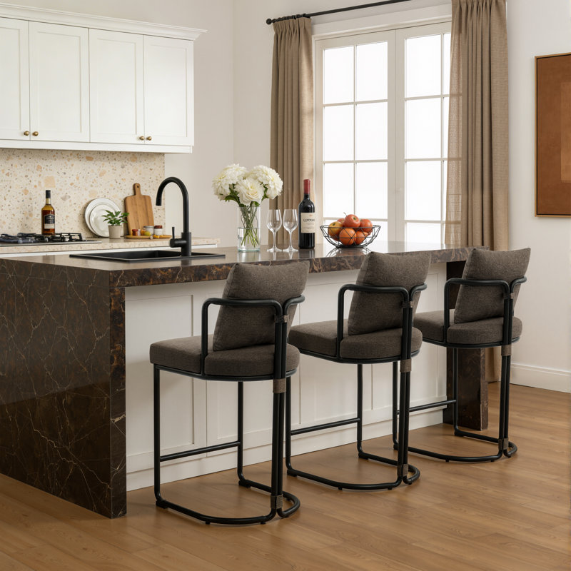 Tabouret de comptoir en chenille 26 po avec dossier et structure en métal, chaises de bar rembourrées modernes pour îlot de cuisine