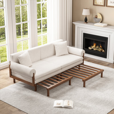 2-Footrest Solid Wood Sofa Bed, Mid-Century