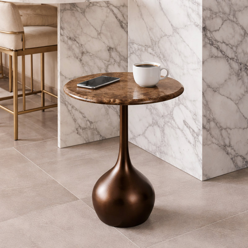 Ernstfried Modern Round Marble Top Accent Table for Bedroom - Sleek Small Side Table with Sculptural Ball Base for Living Room, Narrow End Table Design - 21", Brown