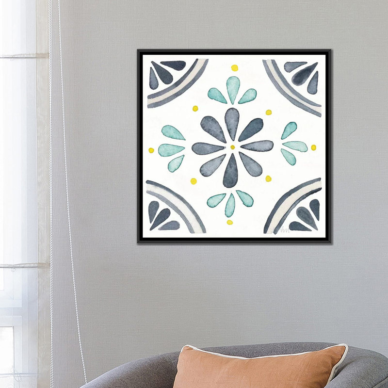 «Garden Getaway Tile I White», impression sur toile, H 18 po x l 18 po x P 1,5 po, Pas de tapis, Toile avec cadre noir