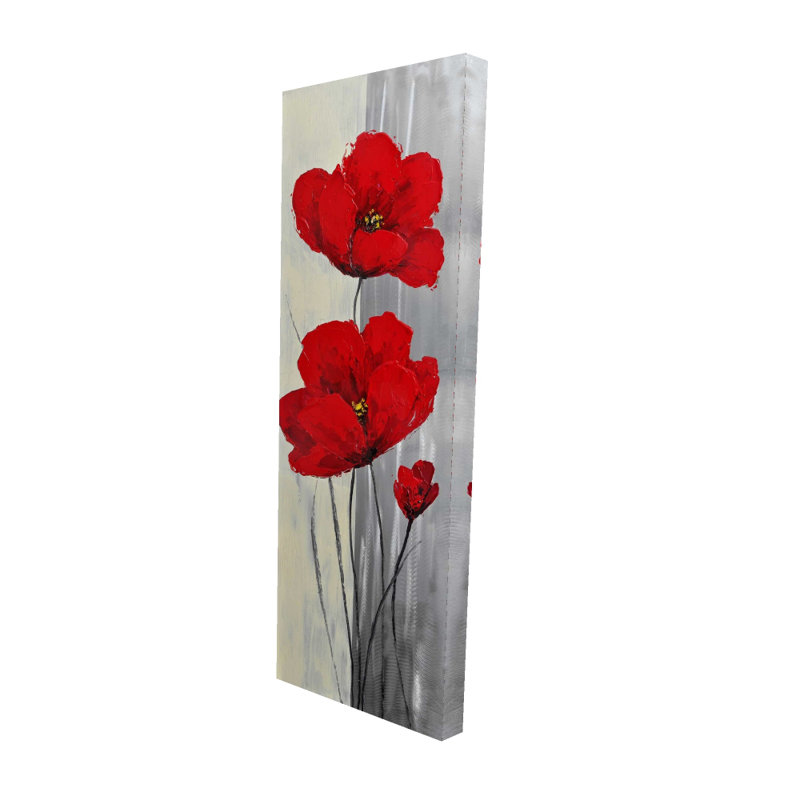 Fleurs rouges sur fond gris - Décoration florale sur toile, H 60 po x l 20 po