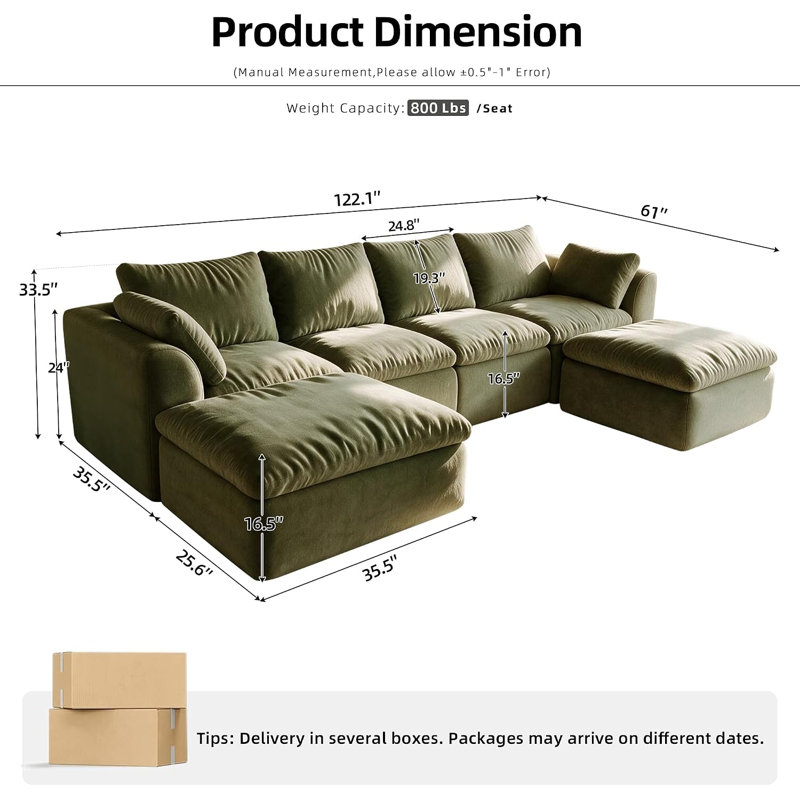Canapé modulaire en chenille 96,5 po vert crème avec repose-pieds mobile, 122 po 4 sièges + 2 repose-pieds, Vert