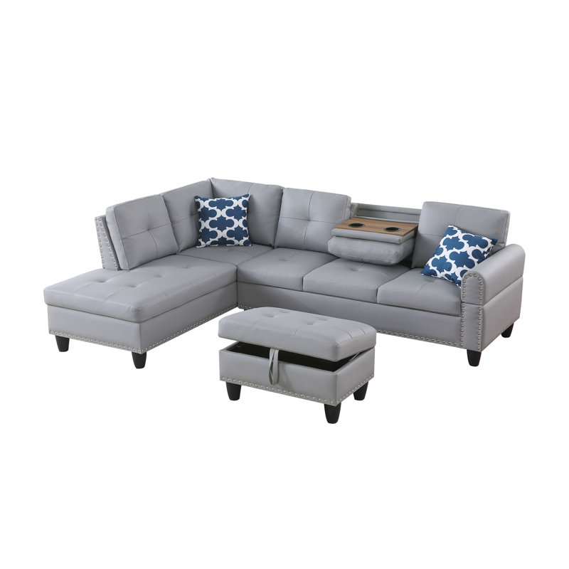 Gray Faux Leather L - Shaped Sectional With Storage Ottoman
