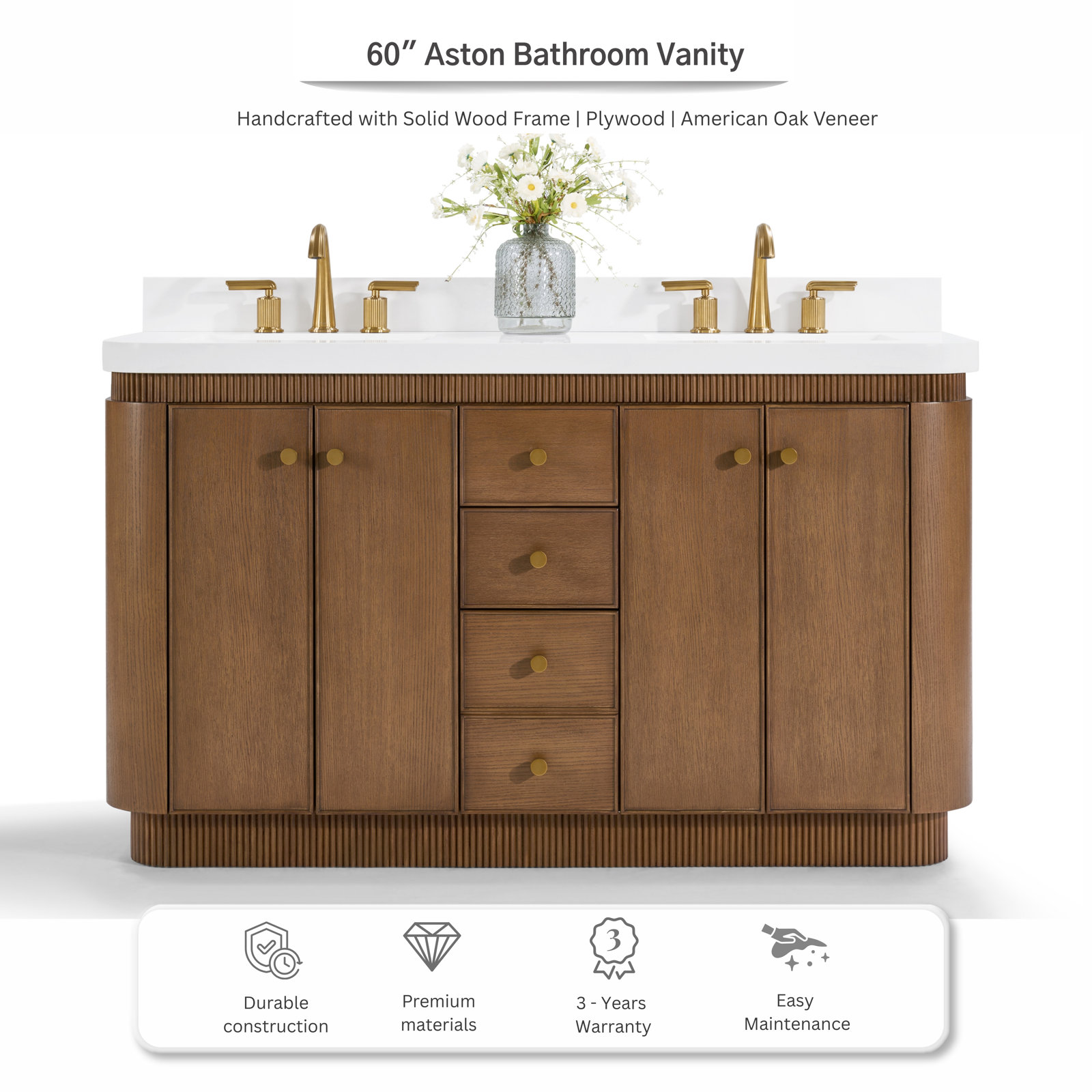 Aston Oak Single Bathroom Vanity, Chestnut Oak, 60 inch