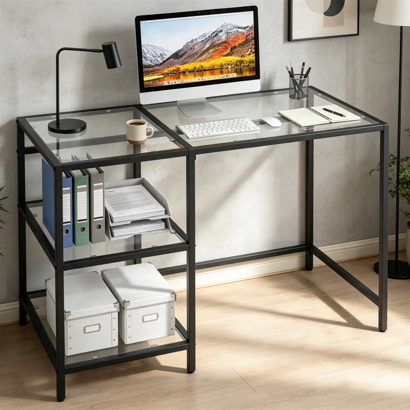 Glass Top Metal Base Computer Desk, Black