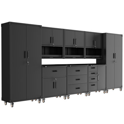 8-Piece Heavy Duty Steel Garage Storage Cabinet System | Complete Workshop Organization Set With Rolling Tool Cabinets & Lockable Wall Units | Adjustable Shelving Garage Storage