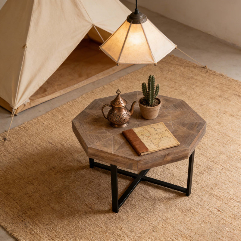 Table basse octogonale en bois avec patchwork de style campagnard 30 pouces, Brun antique