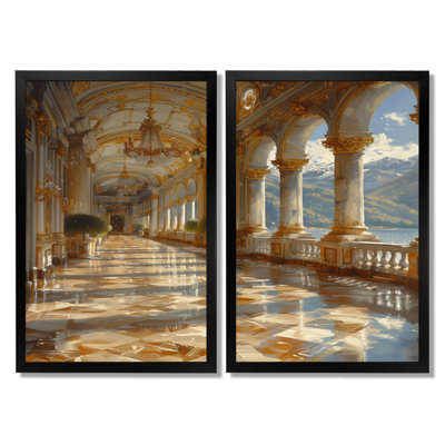 Gold Grey Summer French Renaissance Chateau - Chateaus Art, Gold Architecture Wall Art Set Of 2
