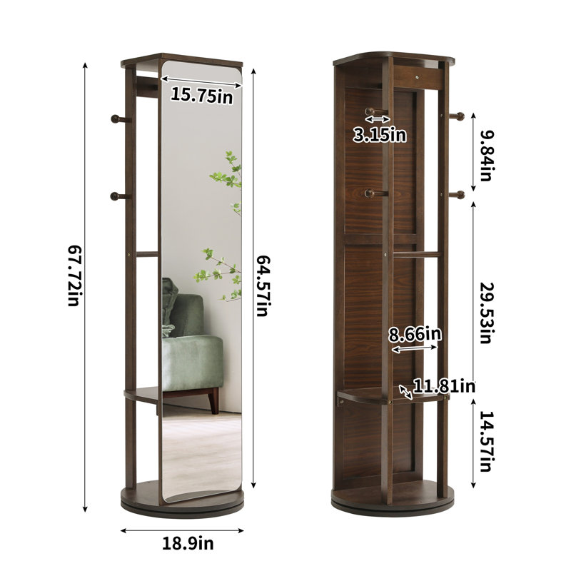 Solid Rubberwood Rotating Full-Length Mirror Cabinet