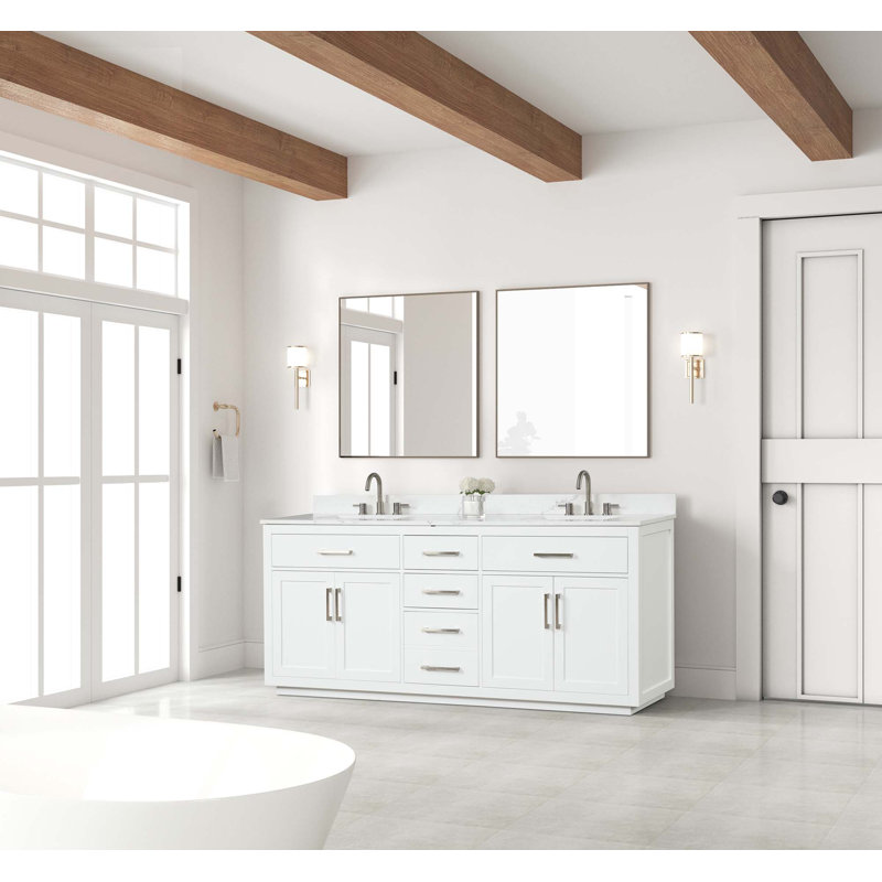 Meuble-lavabo 80 po avec lavabo double, meuble-lavabo autoportant moderne avec armoire à fermeture douce et 3 tiroirs, meuble de rangement en bois massif avec comptoir en quartz