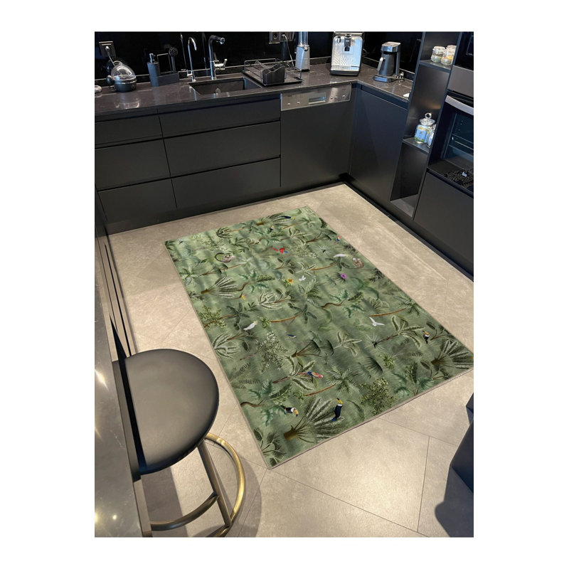 Tapis décoratif moderne à motif d'oiseaux et d'arbres Green Forest, Sous-tapis rectangulaire de 3 pi 3 po x 4 pi 11 po