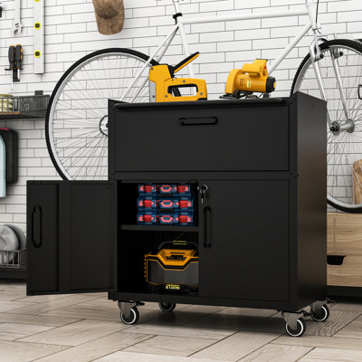 Garage Storage Cabinet With Locking System - 2 Doors, Black And Gray Metal Tool For Wheels Heavy-Duty 1 Drawer