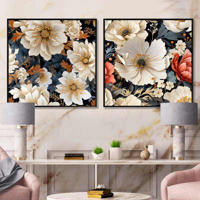 Ensemble de 2 collages floraux contemporains blancs et dorés