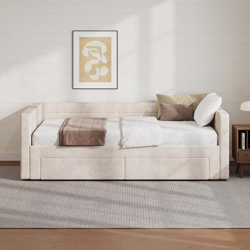 Structure de lit de jour extensible revêtue de chenille avec couchette Draw Tiroirs de rangement, Beige