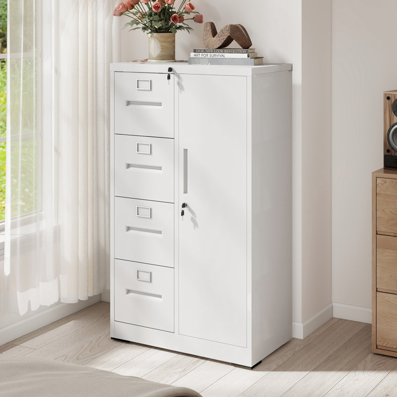 Casier de classement vertical en métal blanc, 4 tiroirs pour la chambre à coucher et le bureau, - suspension de roulement, stabilité du système de verrouillage, casier à verrouillage sécuritaire avec rails de suspension réglables, suspension lisse