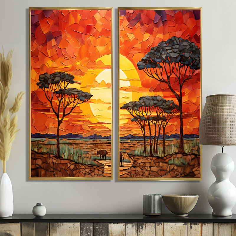 Savannah Sunset in African Safari Hues 2 - art mural mosaïque géométrique sur toile, 20" H x 24" W, Gold