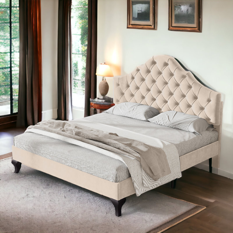 Ince Upholstered Velvet Bed, Beige