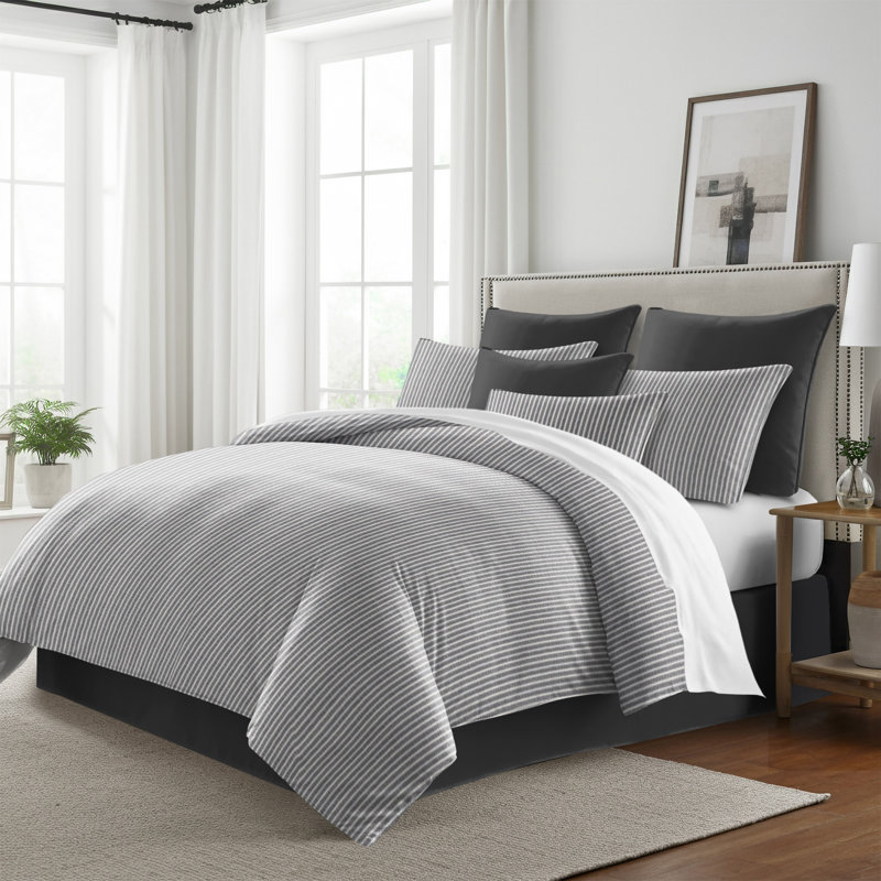 Walker Ticking Stripe Indigo/White Cotton Coverlet Set, Super Queen Coverlet / Bedspread + 2 Queen Shams, Iron/Ivory