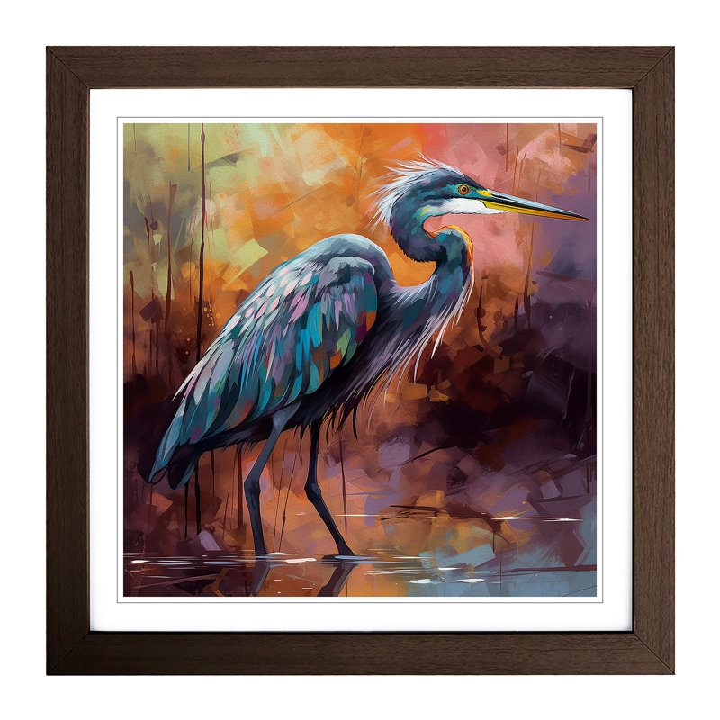 Heron Colour Field Painting - Single Picture Frame Print on Wood, Walnut
