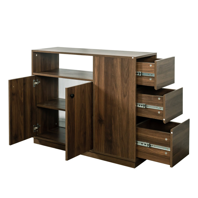 Organisateur de table et buffet pour la cuisine, 2 portes coulissantes en verre, 3 tiroirs latéraux, une tablette de présentation, un bureau de cuisine d'une hauteur de 39,12 po et d'une hauteur de 31,67 po, équipé de portes à hauteur moderne, 12,82 po