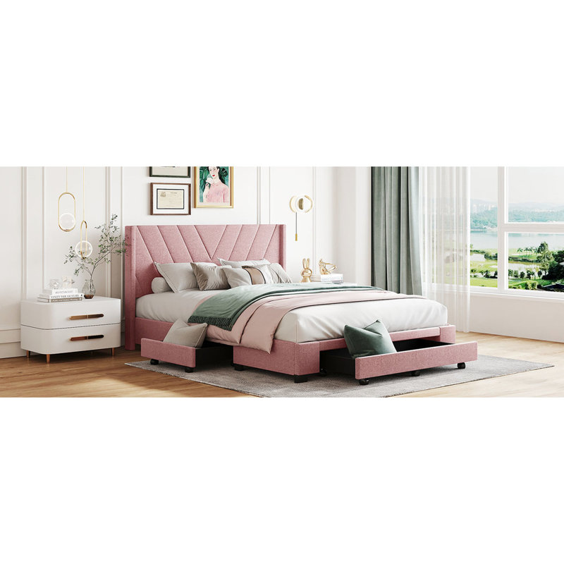 3 grands lits tapissiers en lin de couleur rose - plateforme solide et tendance avec 3 tiroirs rose, tête de lit incluse