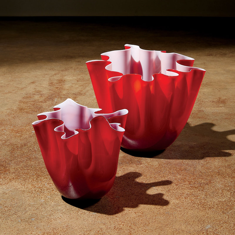 Handkerchief Handmade Glass Table Vase, Deep Red, 7.5" H x 8.75" W x 8.75" D
