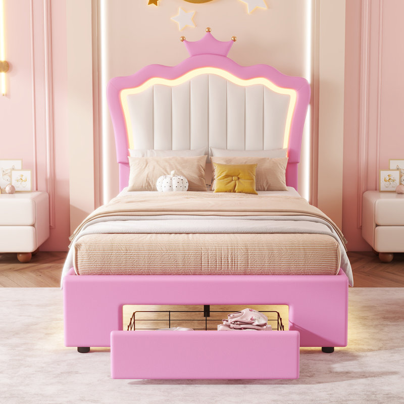 Élégante base de lit tapissier simple avec tête de lit à DEL et couronne en rose et blanc