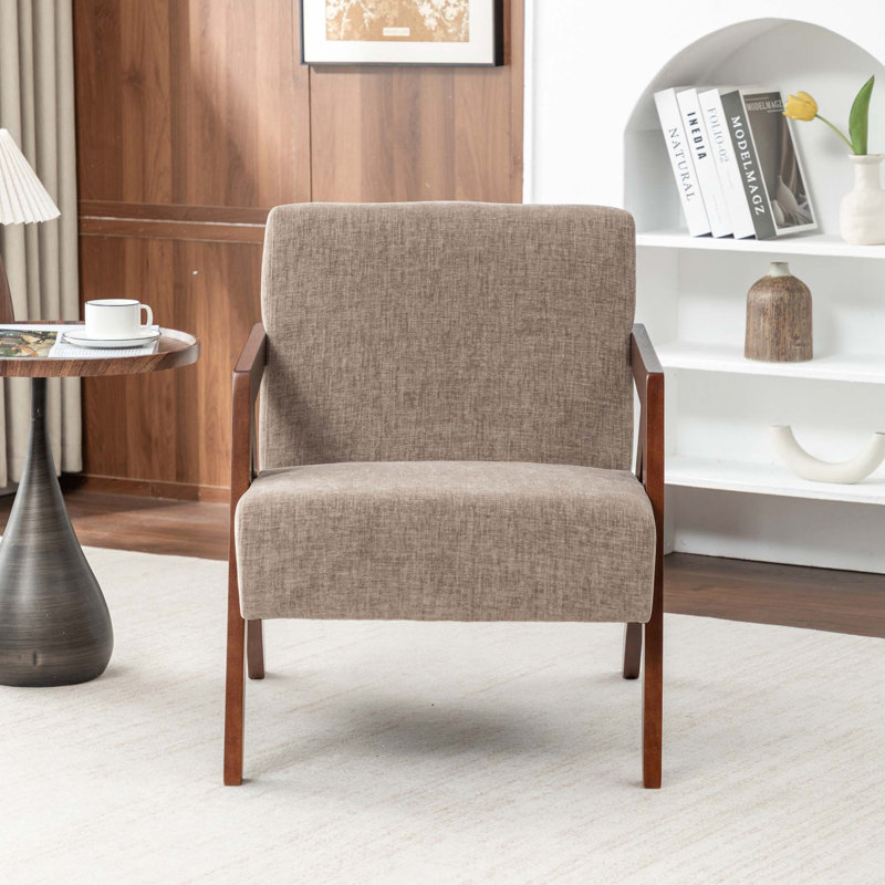 Chaise d'appoint Mid-Century moderne avec structure en bois et lin doux, Lin café clair