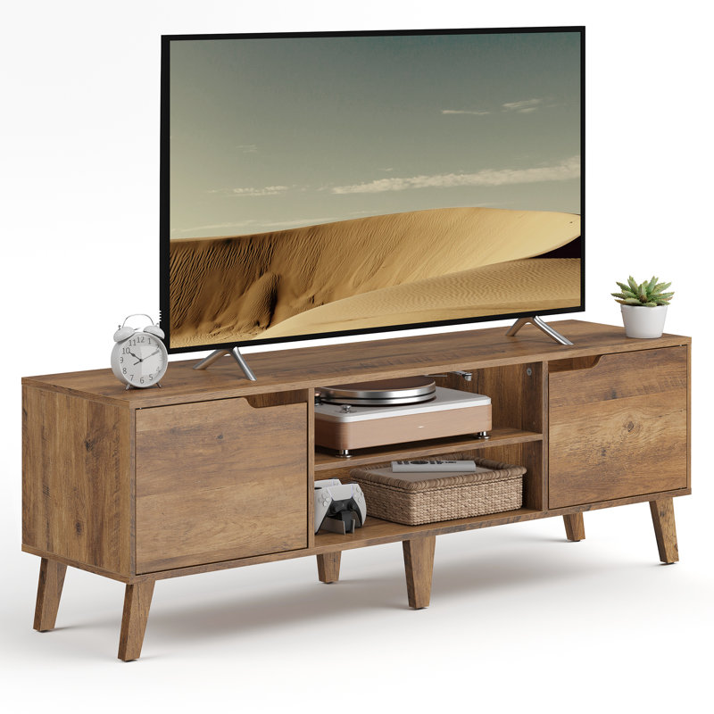 Meuble télé pour téléviseur de 65 po, meuble audio-vidéo avec tablette réglable, console multimédia de 147 cm de long, style transitionnel, pour salon, chambre à coucher, brun miel