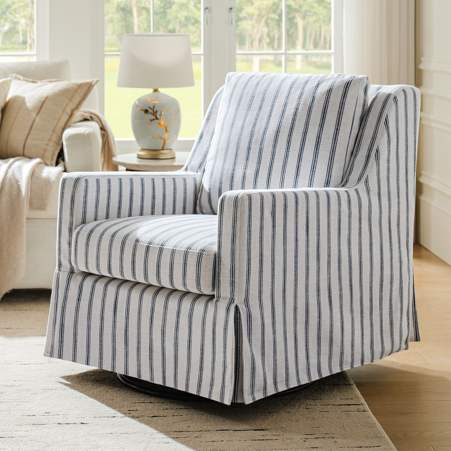 Minni Farmhouse Swivel Rocking Chair, Navy