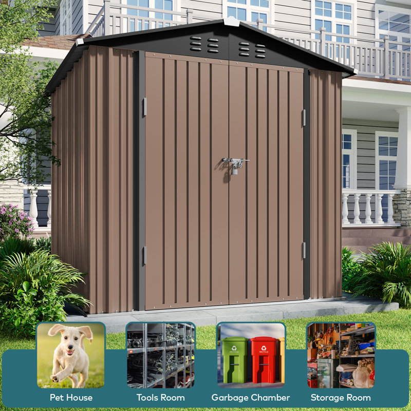 Lockable 6' wide x 4' deep metal storage shed, heavy-duty, large capacity, rust-resistant and waterproof, suitable for outdoor storage, brown
